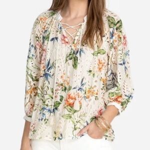 Johnny Was Cream Floral Eyelet Blouse